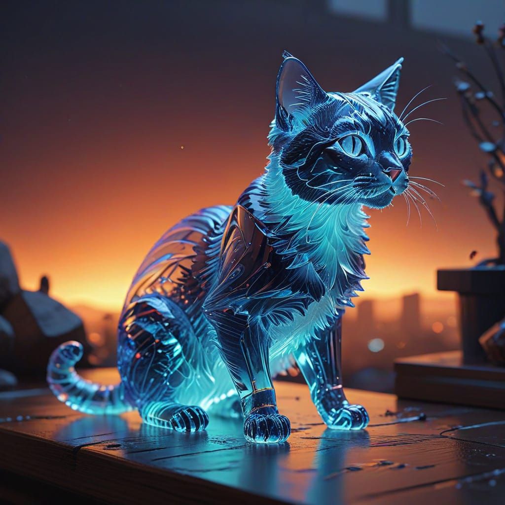 Glass Cat Leaping in Mid-Air, Hyperrealistic Digital Art