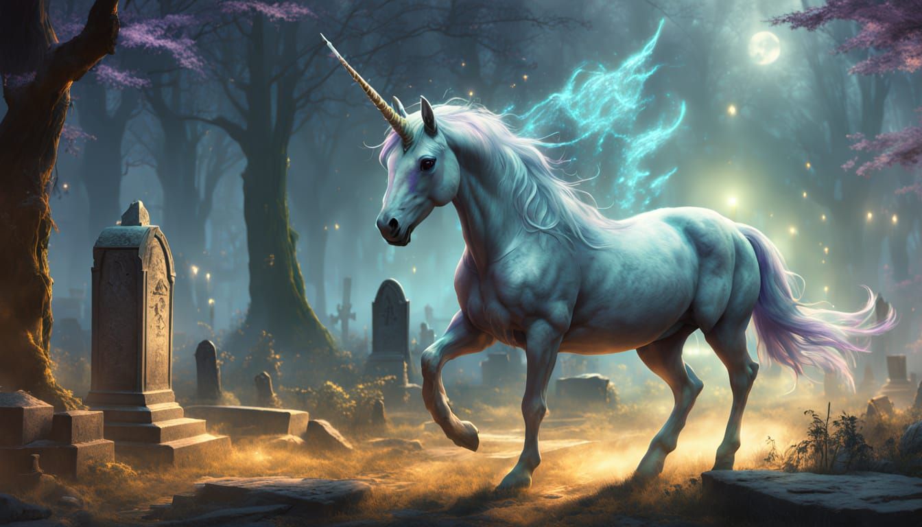 Spectral Unicorn Prancing in Graveyard, Dark Fantasy Art