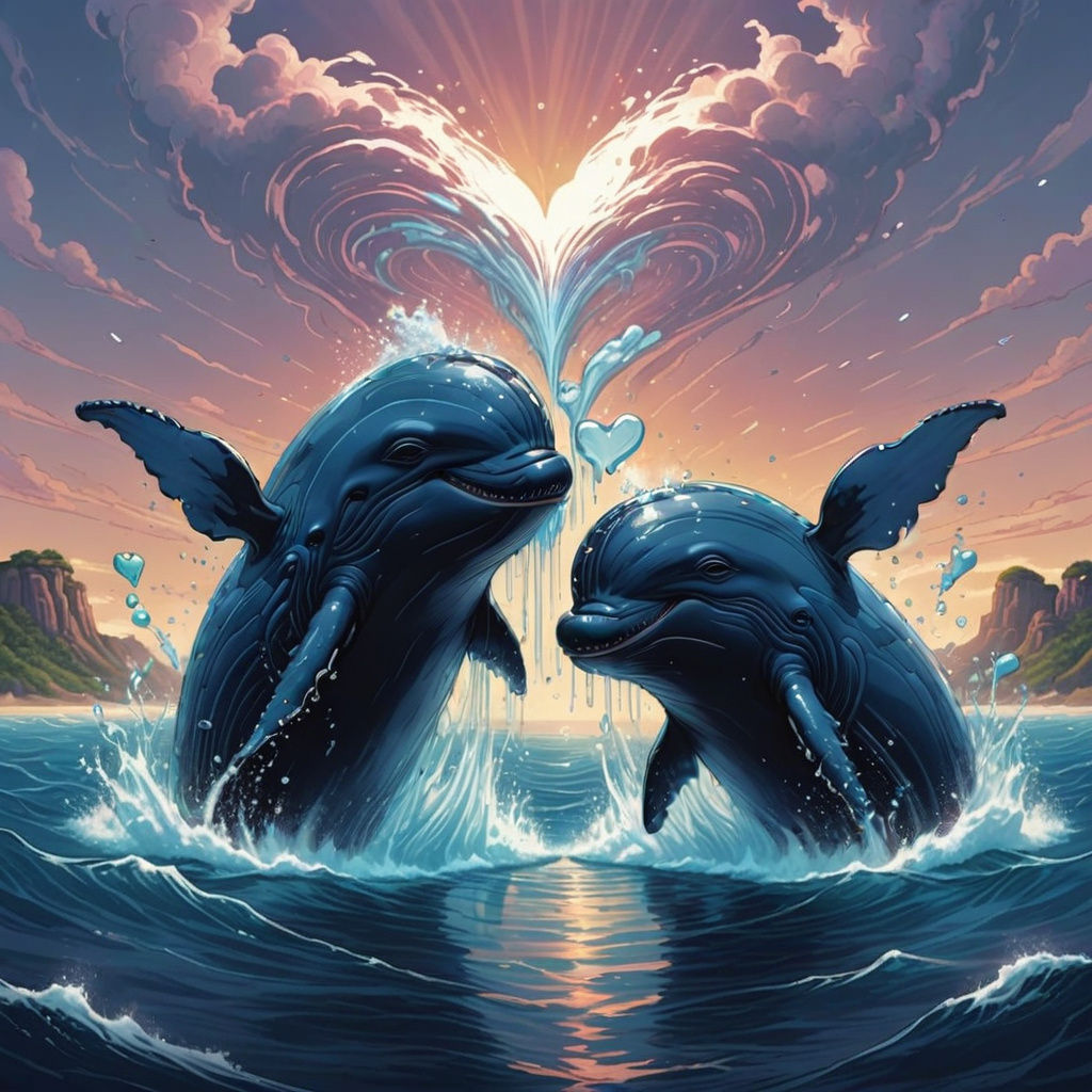 Two whales spraying water through blowhole that is shaped like a heart, disney style, cute and majestic