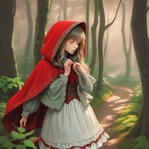 Little Red Riding Hood in Forest, Impressionist Style