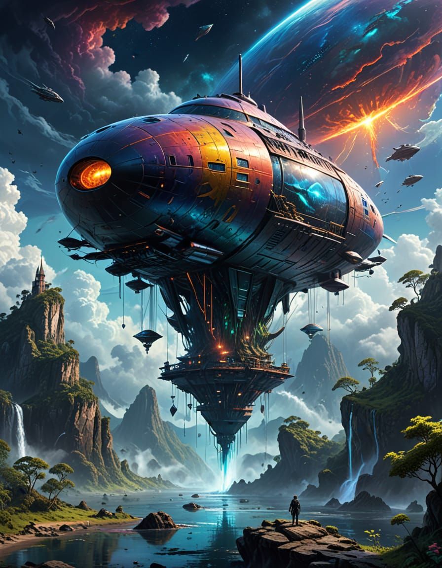 Alien Xénomorphe in Rainbow Dress Near Space Islands