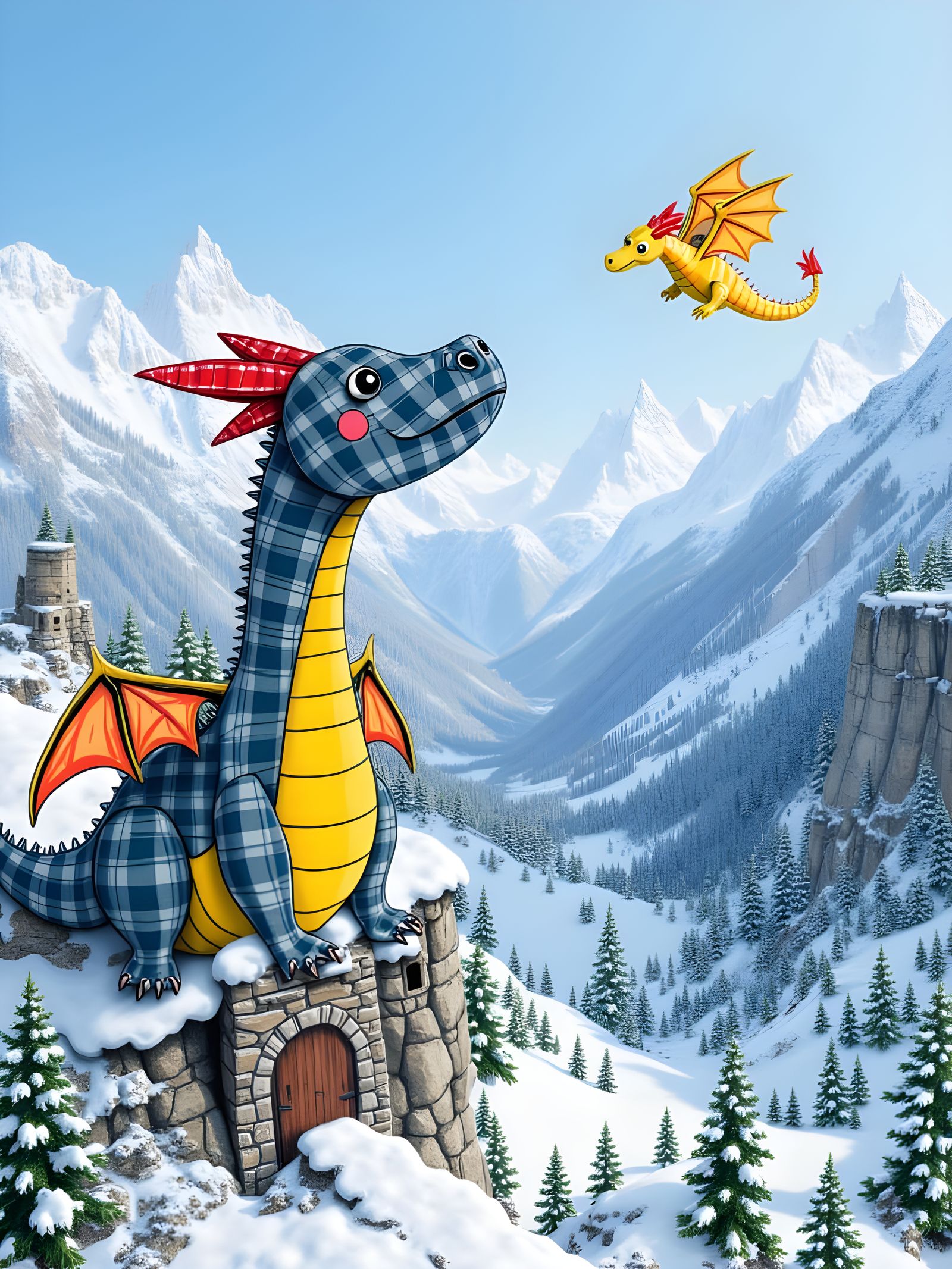 Tiny Dragon on Gingerbread Castle in Winter Valley