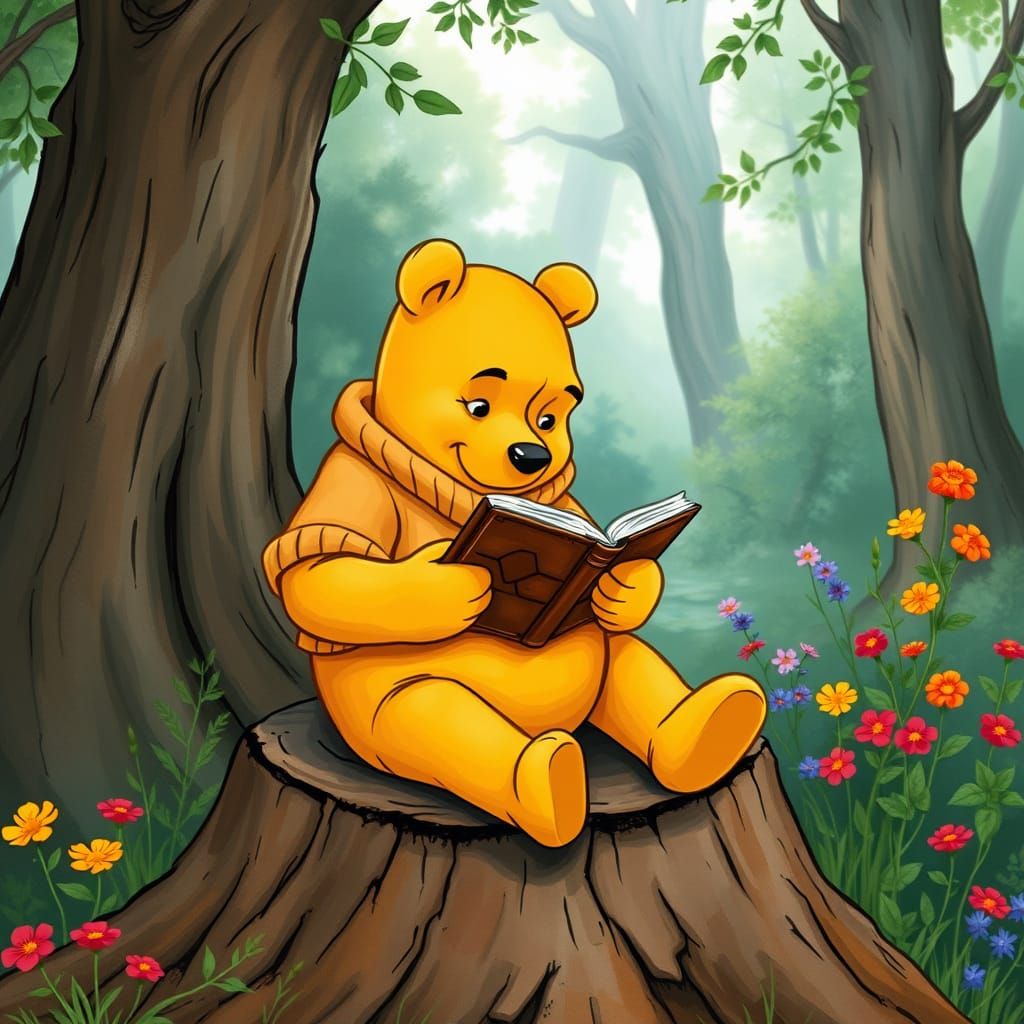 Whimsical Winnie the Pooh in a Hundred Acre Wood Reading Sce...