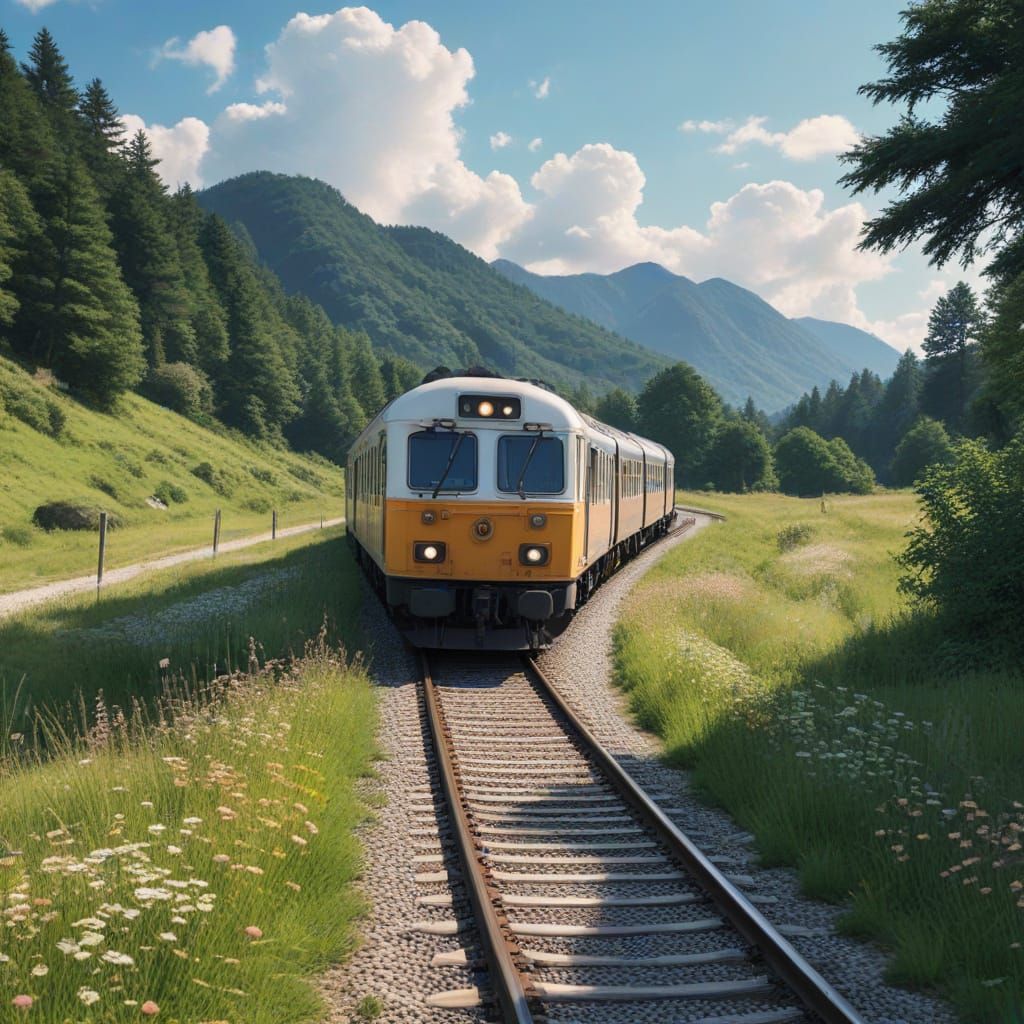 Whimsical Anime Train Chugs Through Blooming Meadow