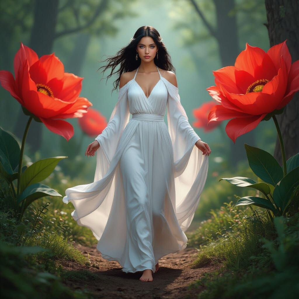 Priestess in Forest with Red Flowers