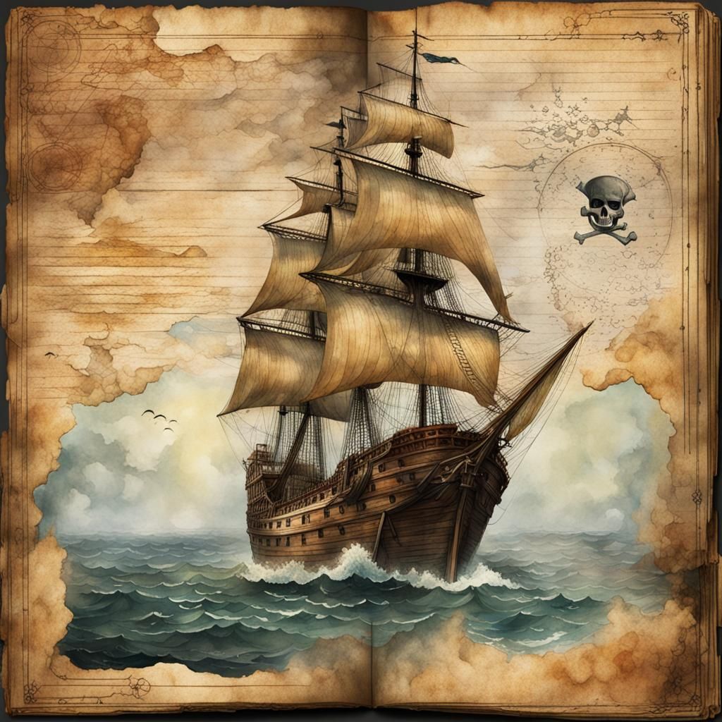 Pirate Treasure Map on Journal Page in Watercolor Style