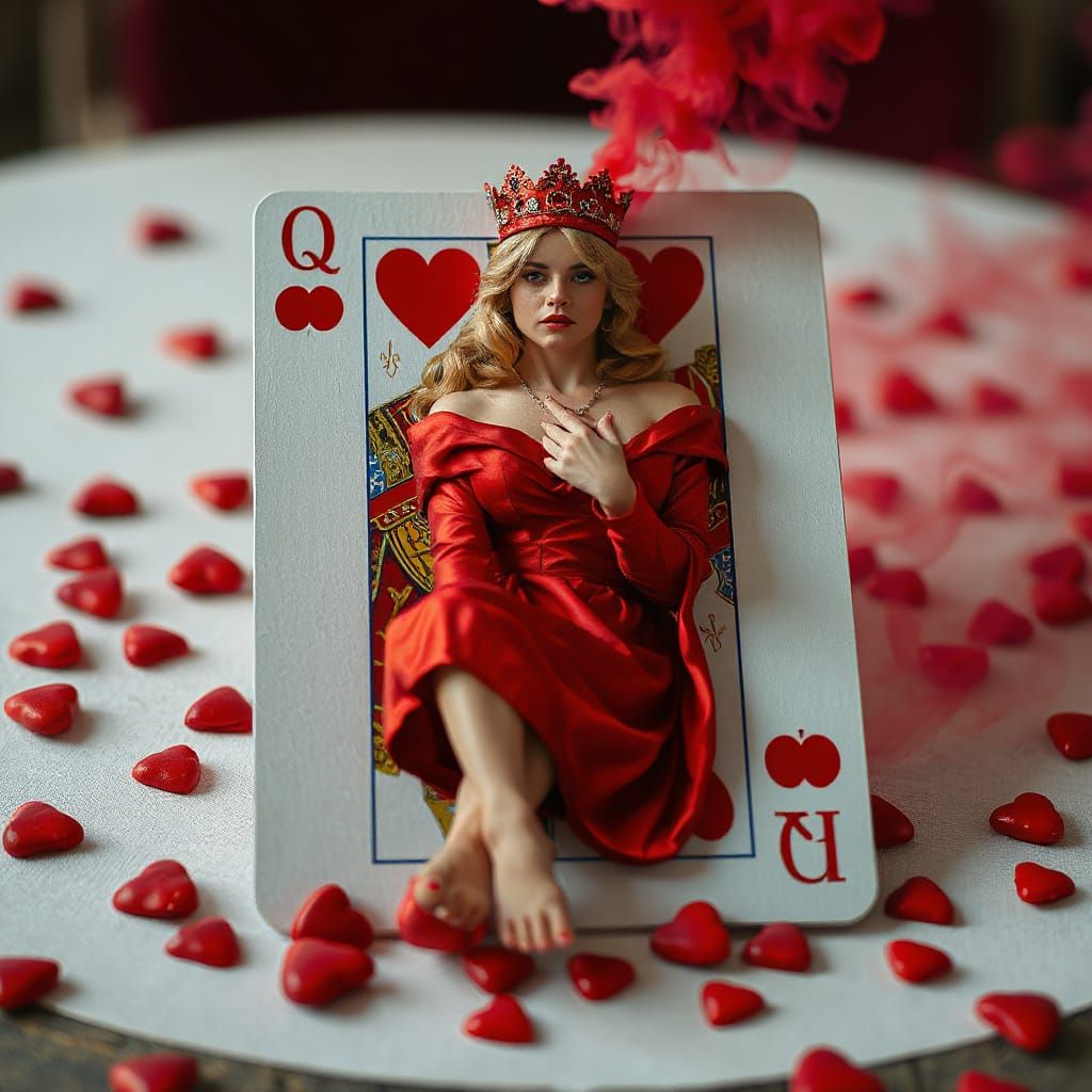 Hyperdetailed Queen of Hearts Playing Card in Red Silk Dress