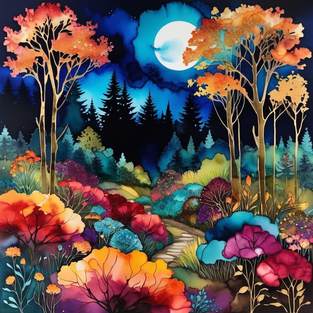 Night Maiden Garden in Alcohol-Ink Style