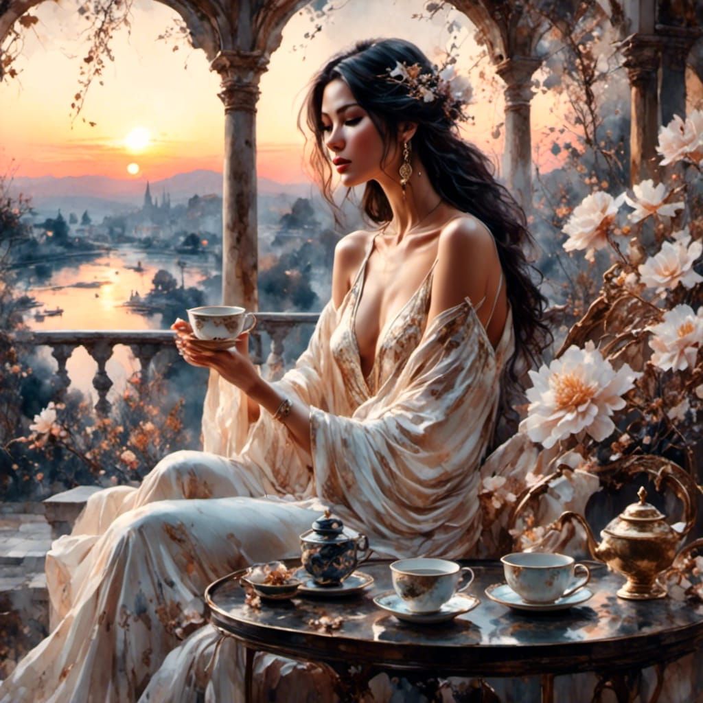 Exotic Woman Enjoying Coffee at Dawn: Antique Watercolor