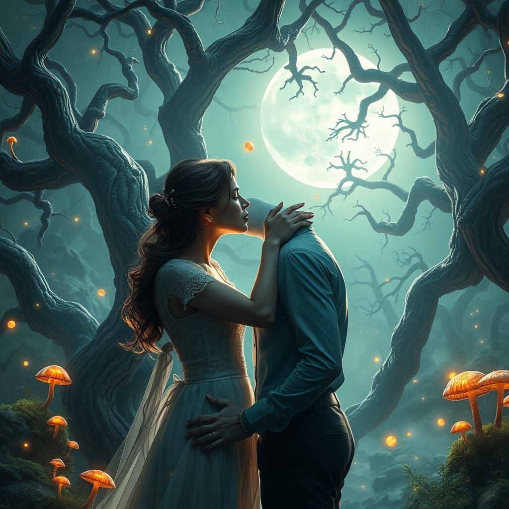Romantic Couple in Dreamlike Forest, Illuminated by Ethereal...