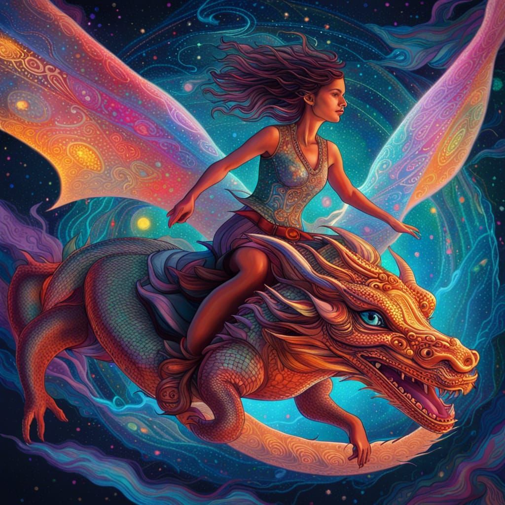 Woman Riding Dragon in Astral Illustration Style