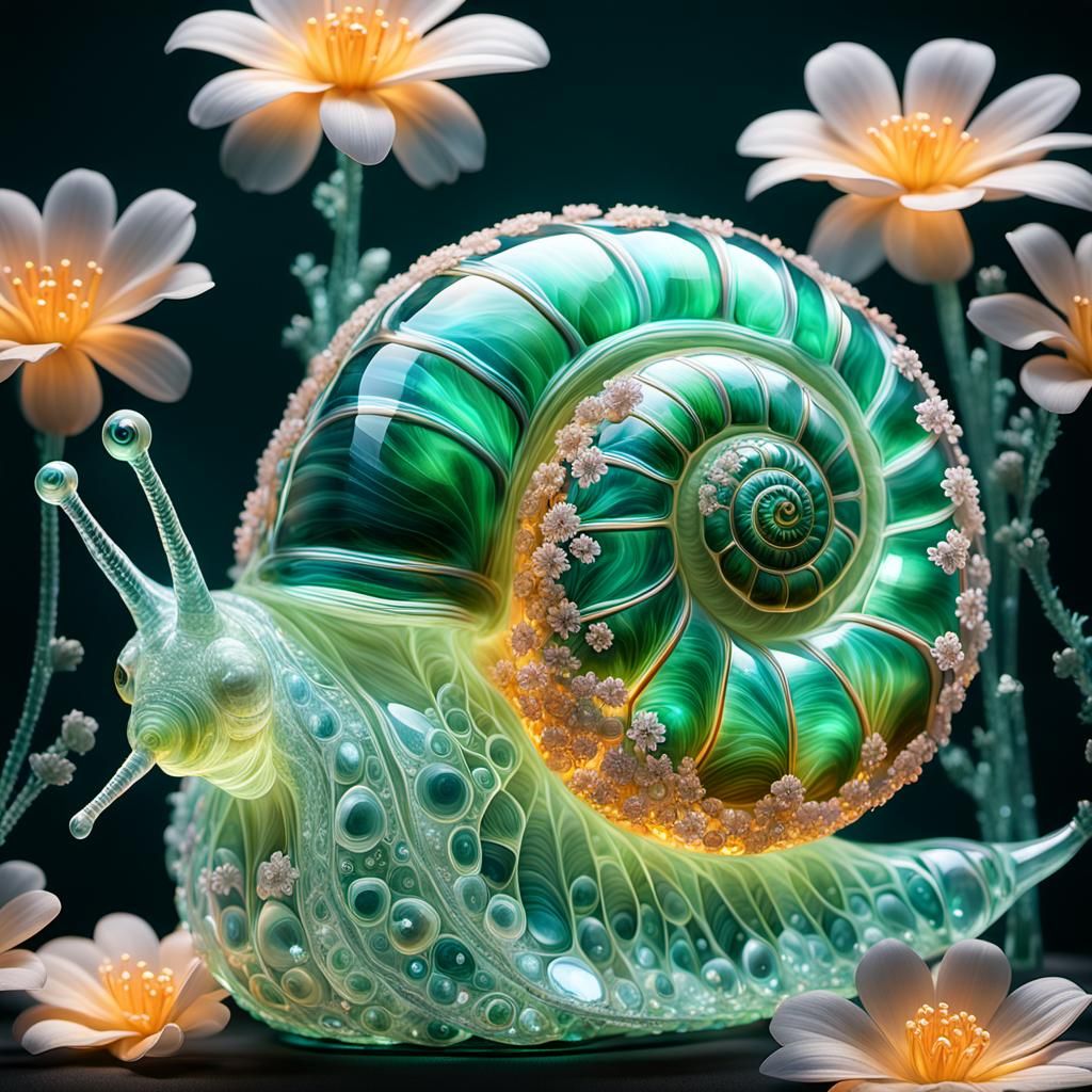 Bioluminescent Crystal Snail on Forest Branch