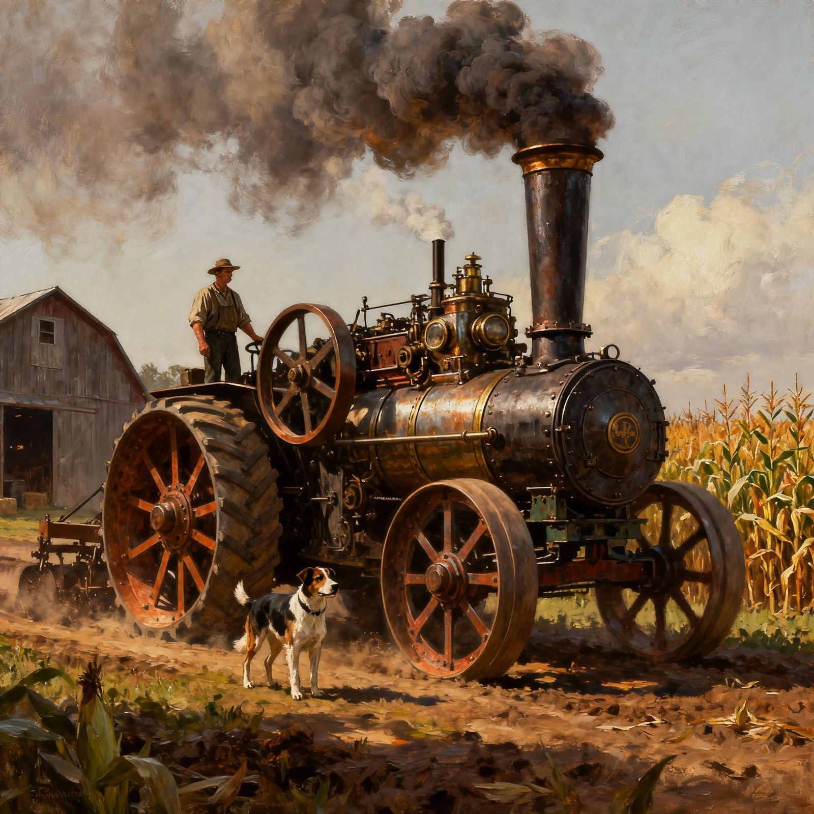 1890s Steam farm tractor large steel wheels. Steel body smoke billowing out the smoke stack. The farmer stand to the bac...