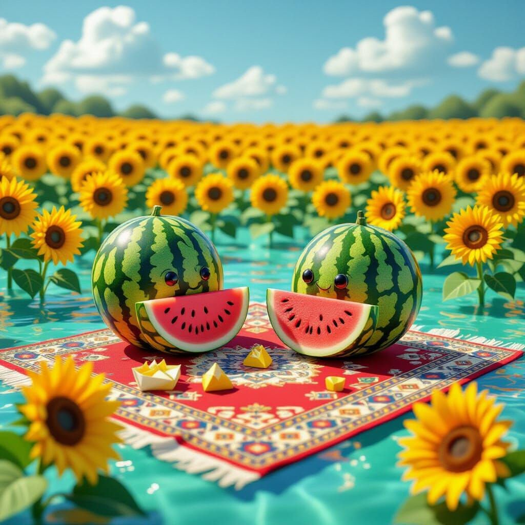 Watermelon Picnic on Persian Rug in Origami Style