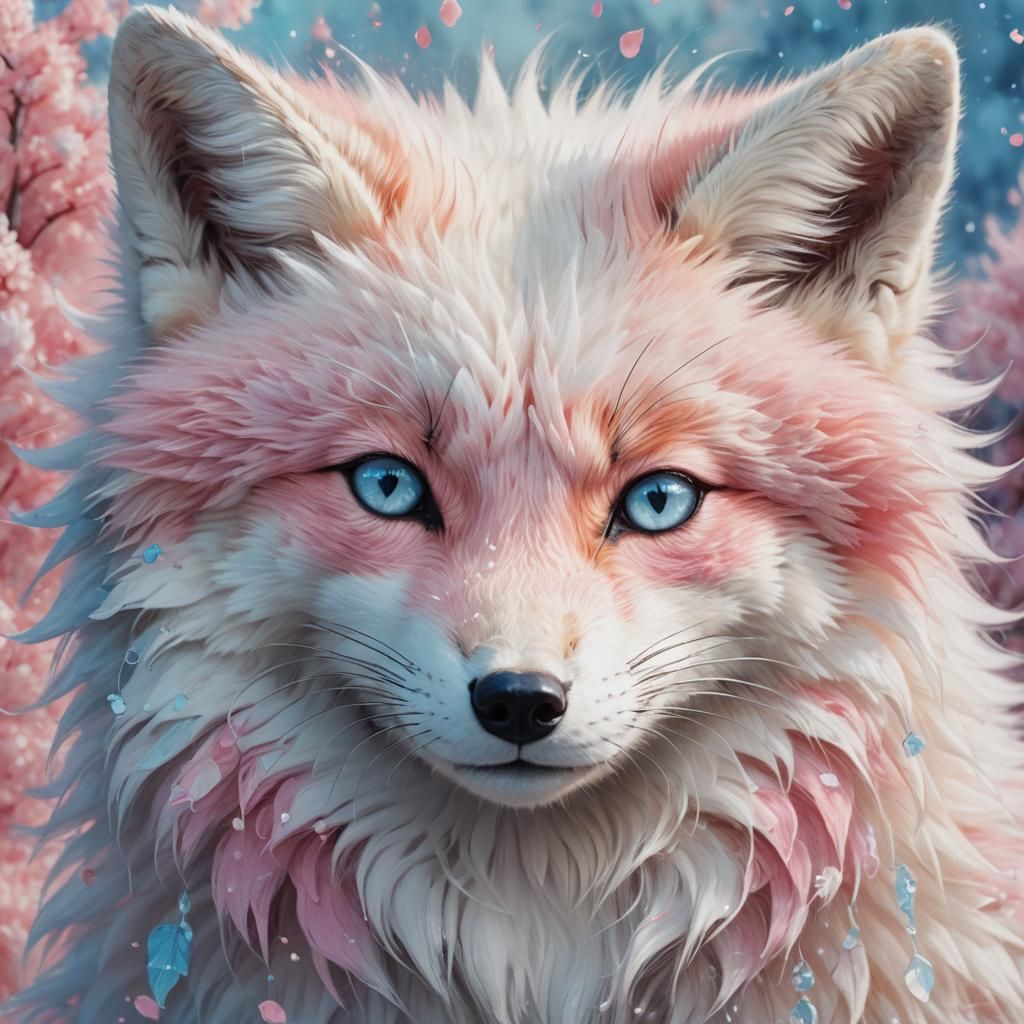 Fluffy Pink and White Fox Portrait in Digital Art