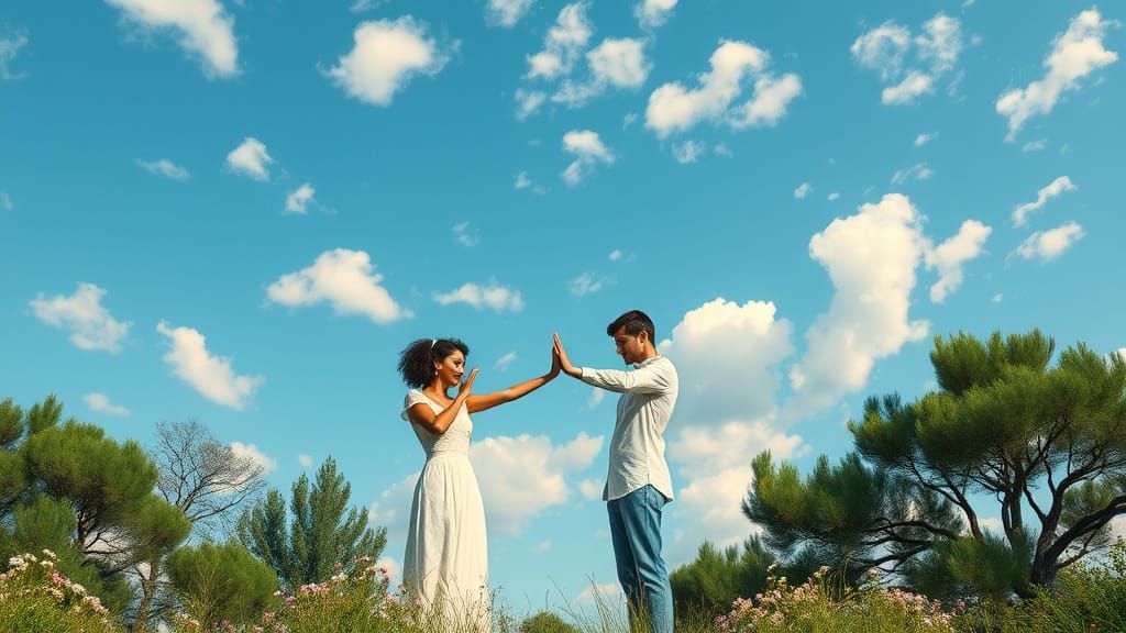 Femenine and Masculine Figures Embracing in Serene Nature Sc...