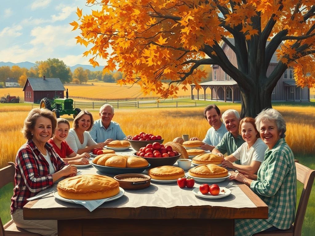 Joyful Family Harvest Feast in Autumn Sunlight