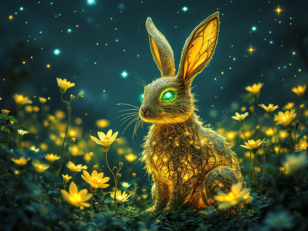 Mystical Golden Rabbit With Emerald Eyes Fantasy Art