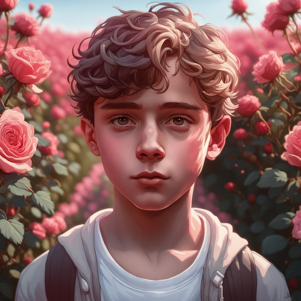 Boy in Rose Field Portrait, Trending Artstation Style