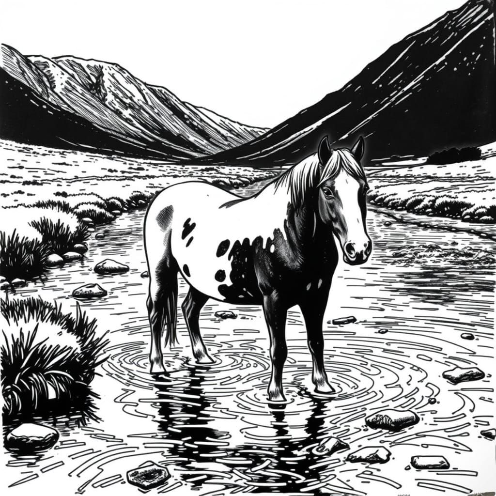 ink drawing of a piebald horse. Standing in a braided river ...