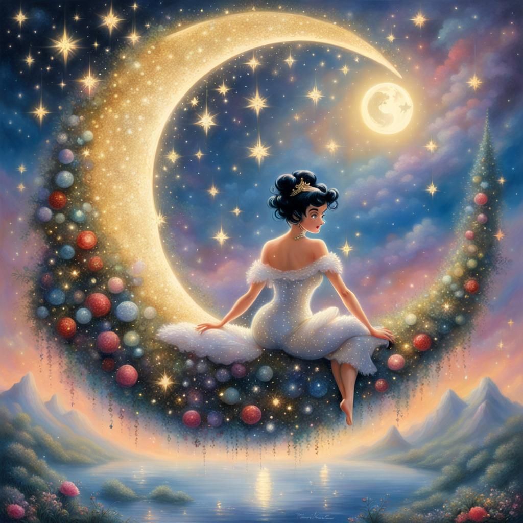 Betty Boop on Crescent Moon in Ethereal Fantasy Style