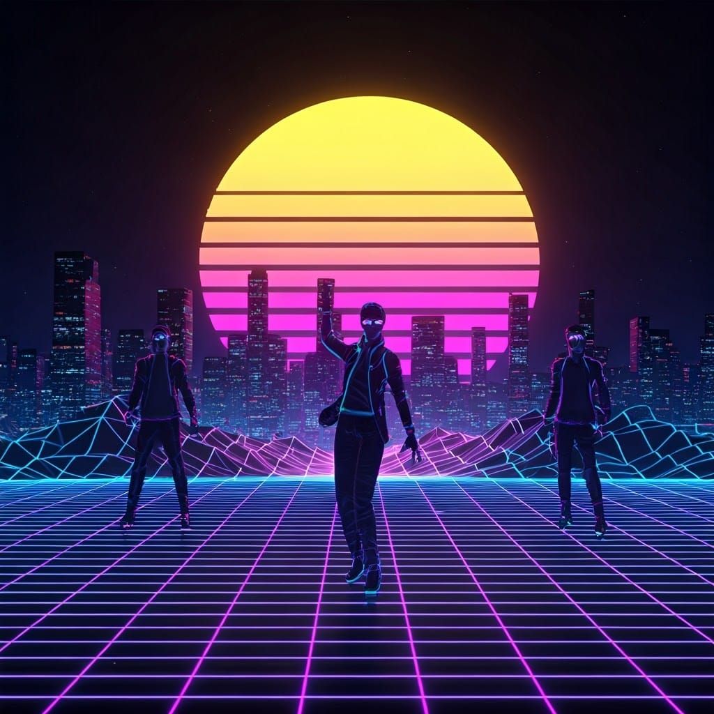 Vibrant 80s Cityscape at Sunset in Synthwave Style