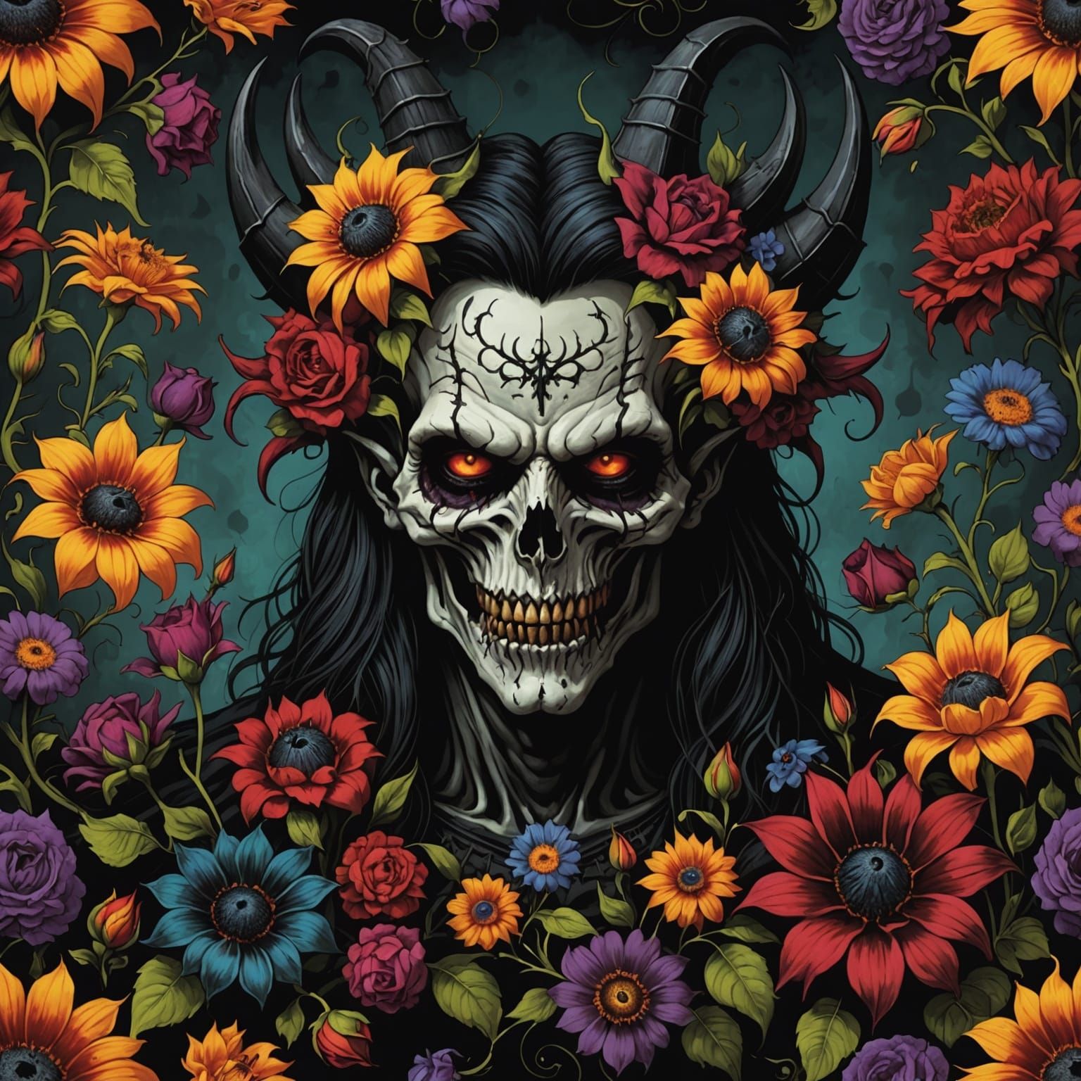 Gothic Horror Demon Amongst Colorful Flowers