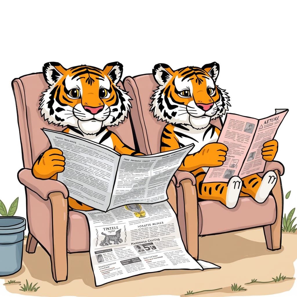 Cartoon Tigers Reading Newspapers