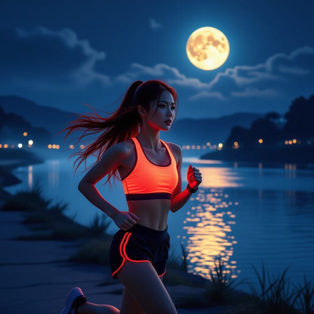 Japanese Woman Running by Moonlit River in Neon Athletic Gea...