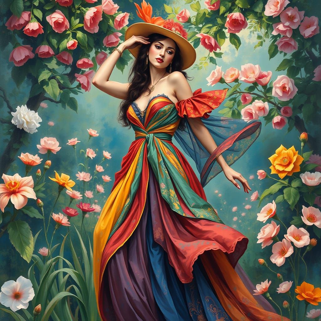 Impressionistic Woman in a Lush Garden