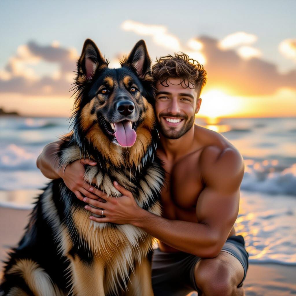 Man and Dog Embrace on Beach at Sunset
