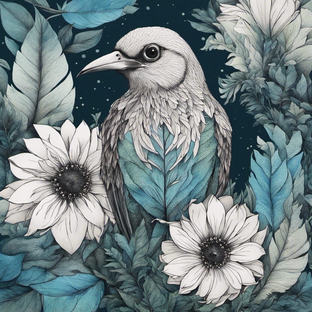 Botanical Bird Shapeshifter in Blue and Green