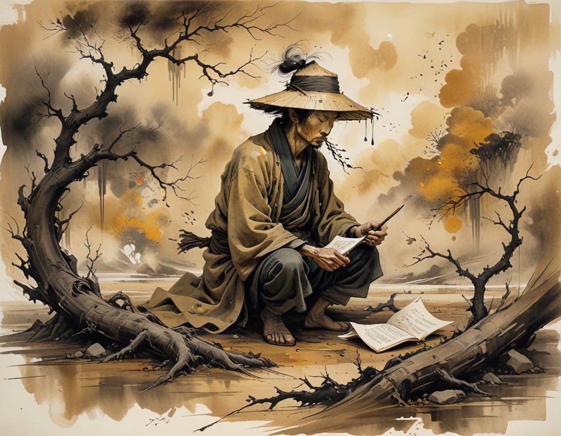 Poet Under Barren Tree, Ink Brush, and Torn Scroll