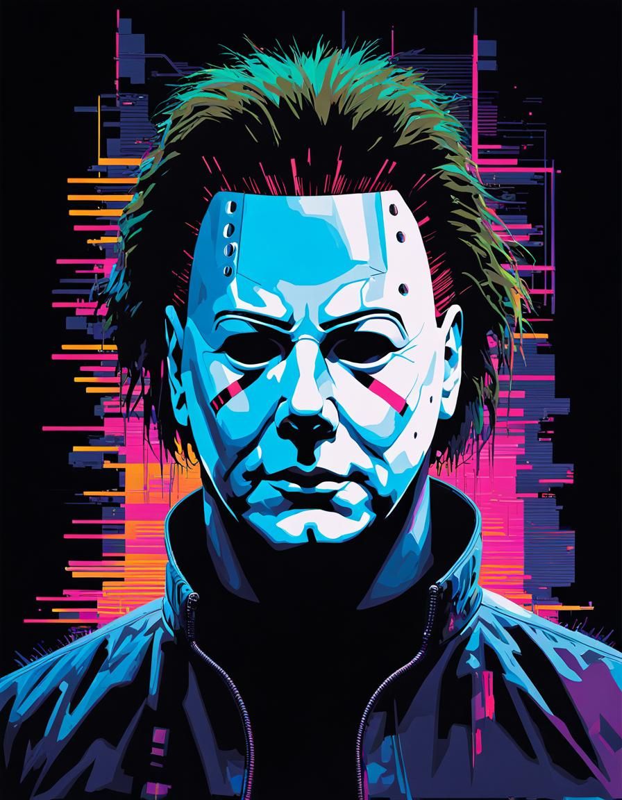 Michael Myers Glitch Art Portrait with Neon Wiring