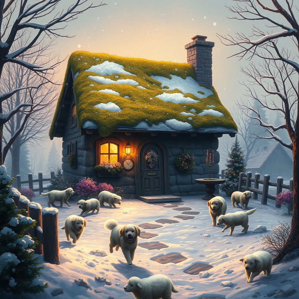 Enchanting Winter Home with Animals in Matte Painting Style