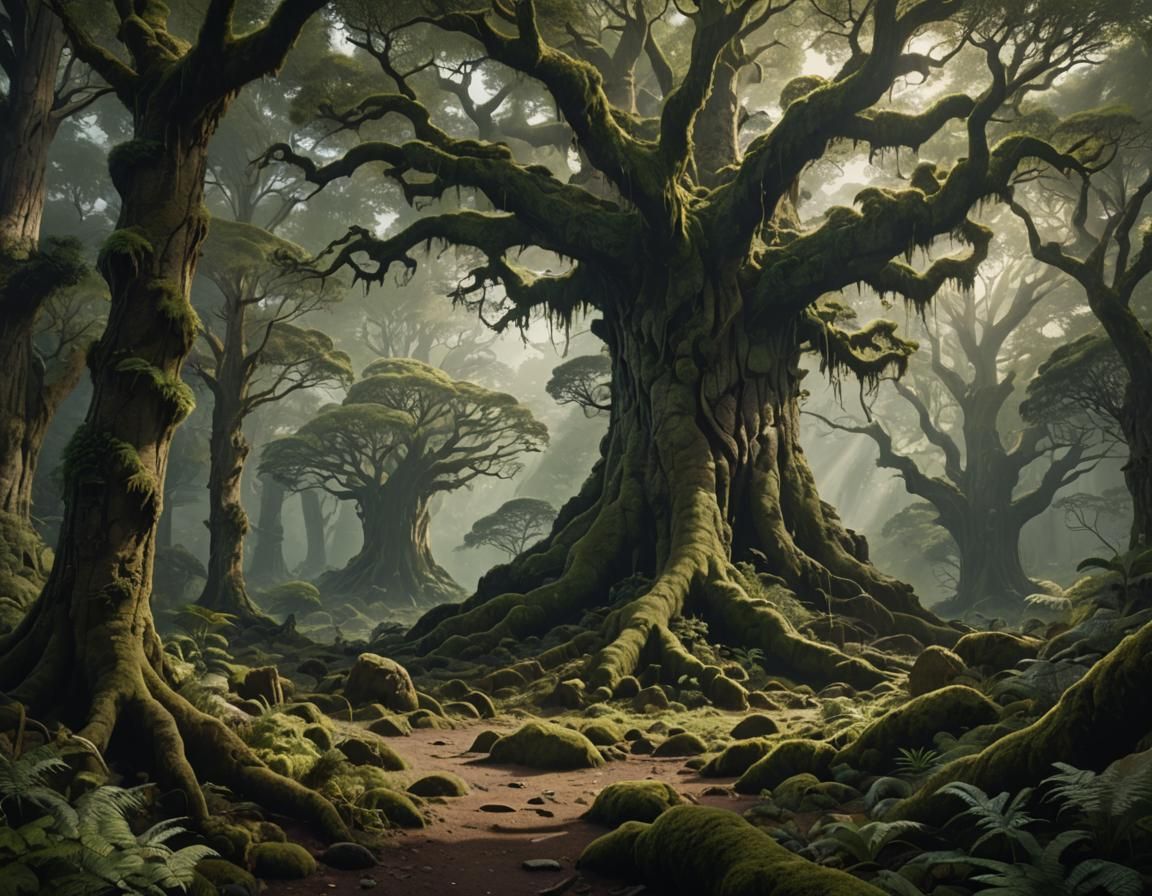 Towering Ancient Tree in Lush Forest Landscape