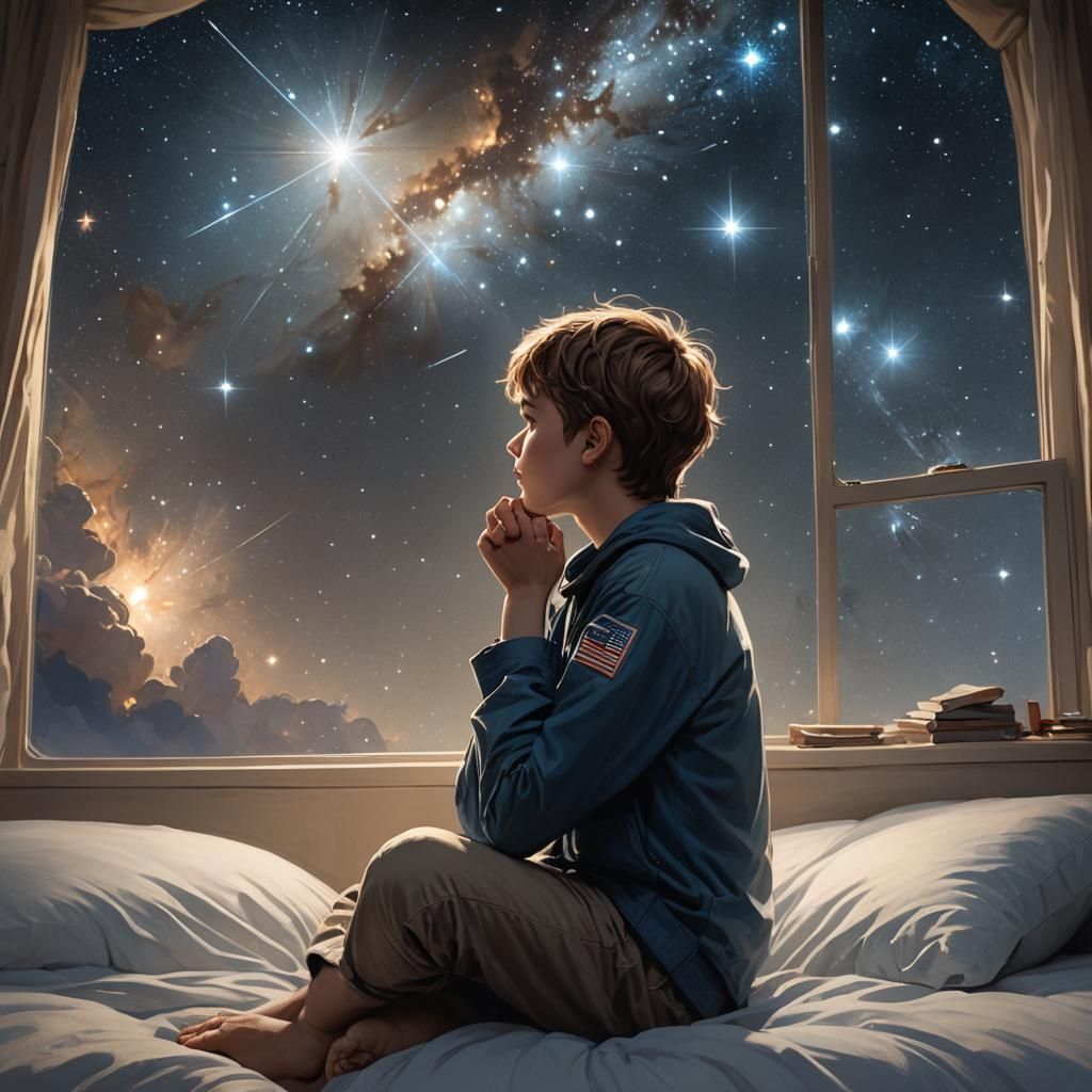 Boy Reaches for Pleiades Stars: Hyperdetailed Portrait