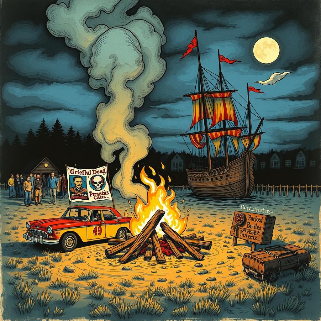 Bonfire Scene with Grateful Dead and Pirate Ships