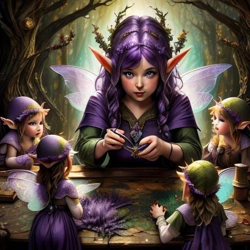 Fairy Teacher with Elven Children in Enchanted Forest