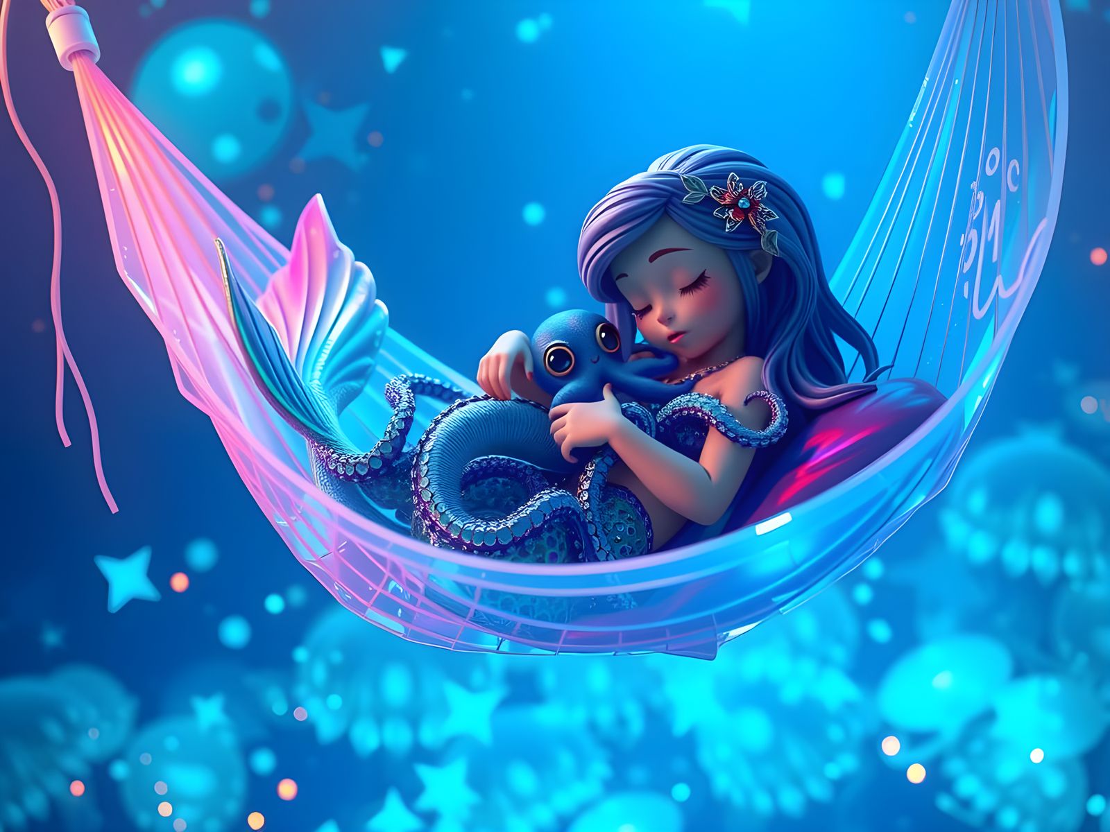 Surreal Mermaid Enjoys Glowing Underwater Oasis with Furry C...