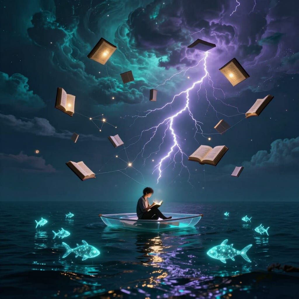 Floating Library Above Twilight Ocean with Glowing Books