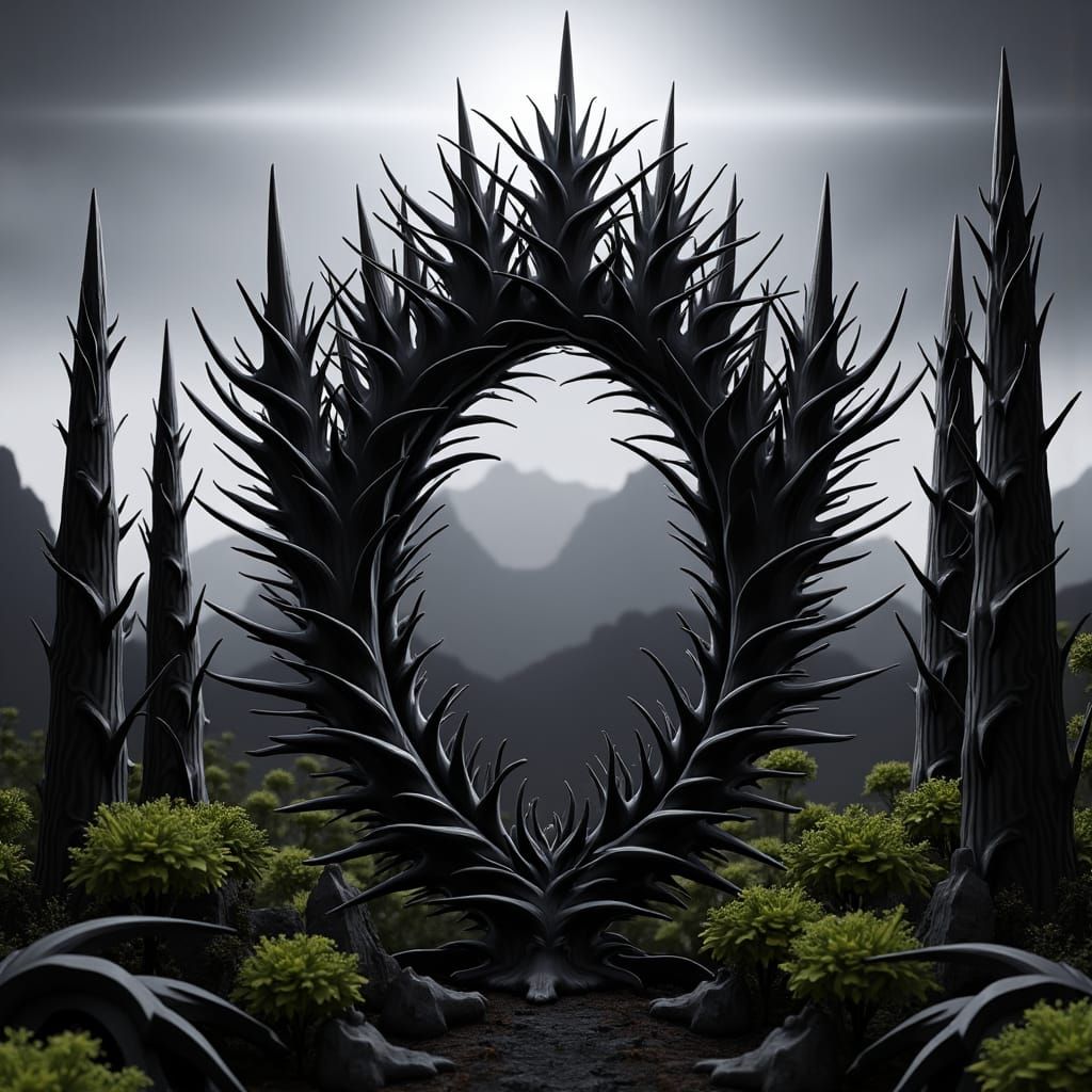 Monochrome Thorny Plant in Dark Digital Rendering