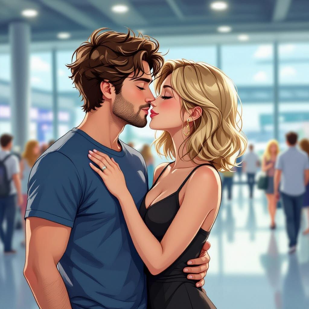 Couple's Passionate Kiss at Airport Arrivals in Anime Style