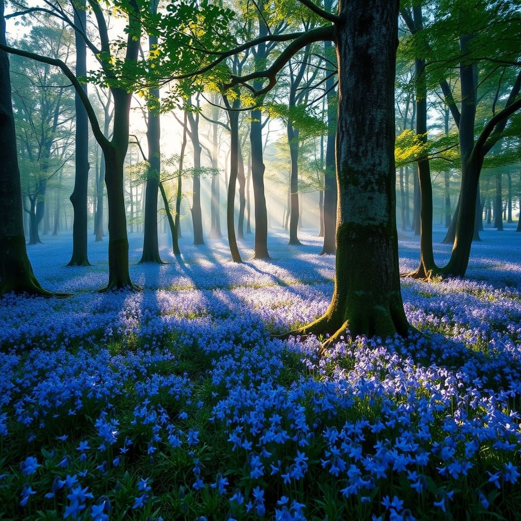 Bluebell Forest in Crepuscular Light: Natural Realism