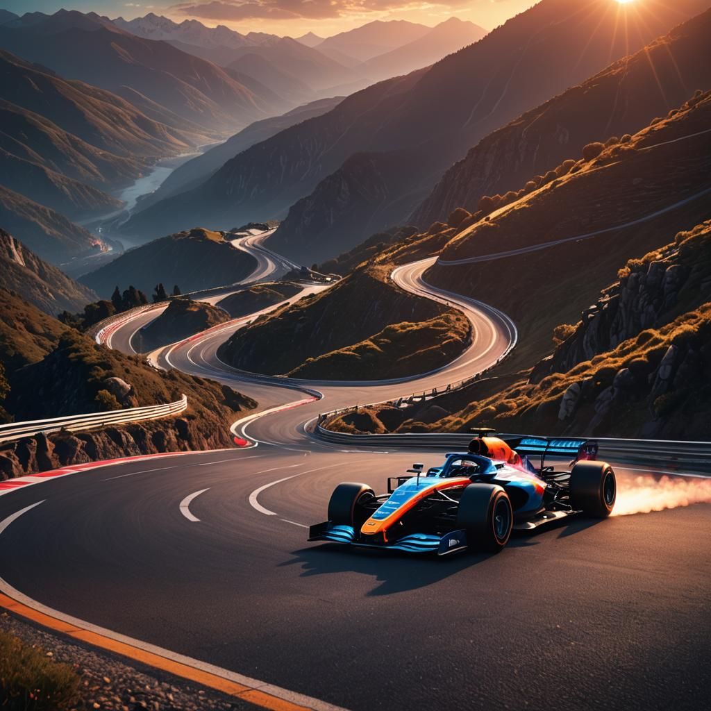 Racecar on Mountain Road in Detailed Matte Painting Style