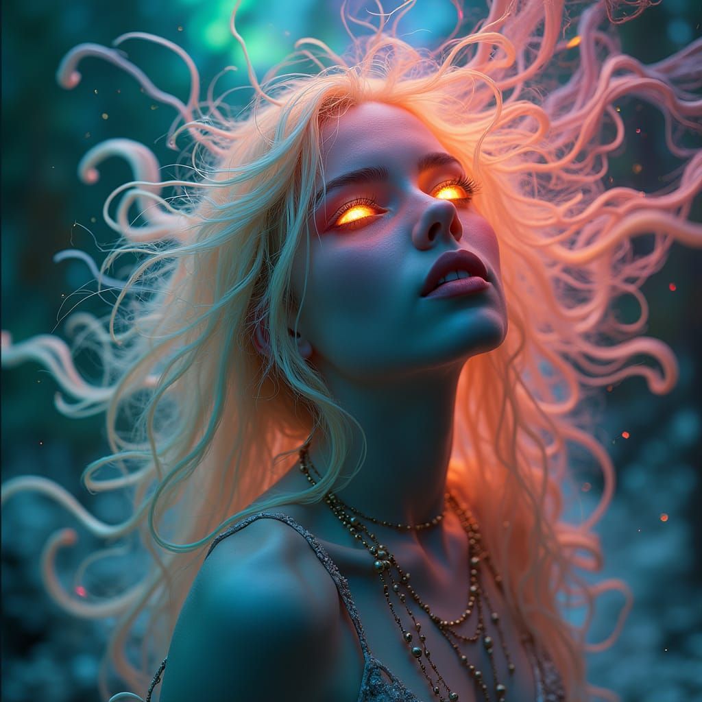 Divine Goddess of Cosmic Madness in Vibrant Psychedelic Swir...