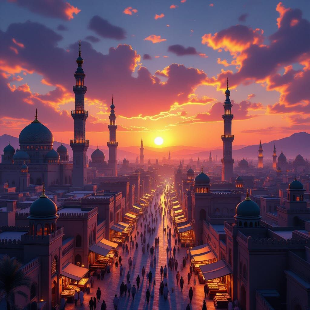Arabian City Sunset: Ornate Palaces in Matte Painting Style