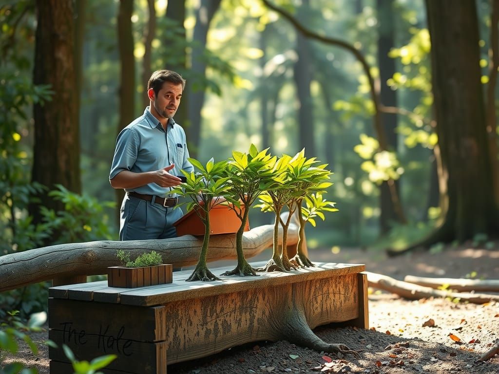 Sunlit Forest: Teacher Lectures Young Trees in Impressionist...