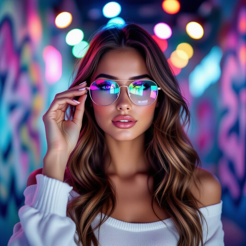 Photorealistic Girl in Studio with Colorful Graffiti Lights