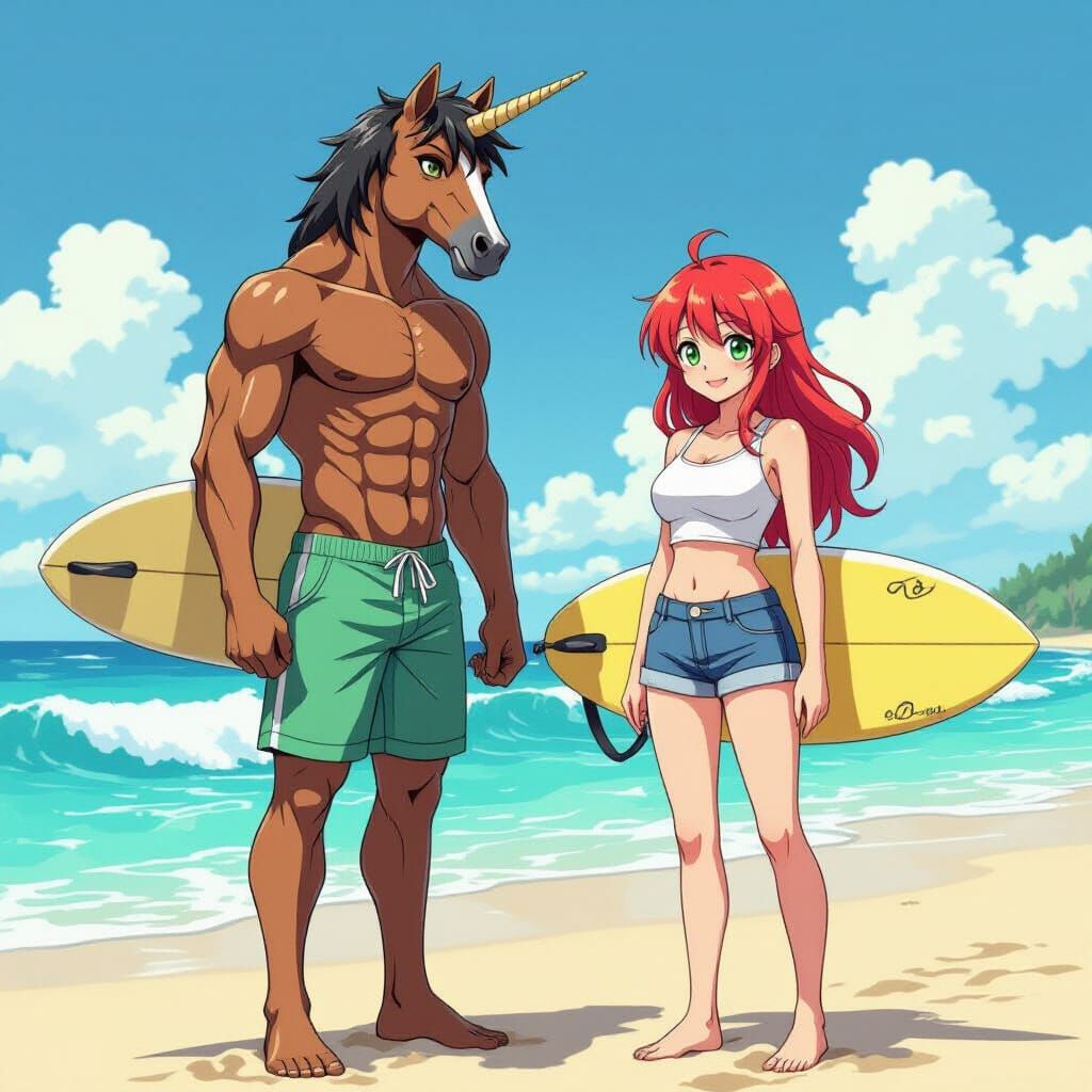 Centaur Surfer on Beach in Anime Style
